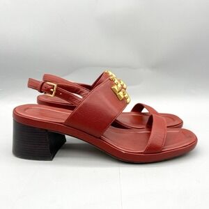 Tory Burch Womens 10M Eleanor Sandals Shoe Gold Logo Smoked Paprika Leather Heel
